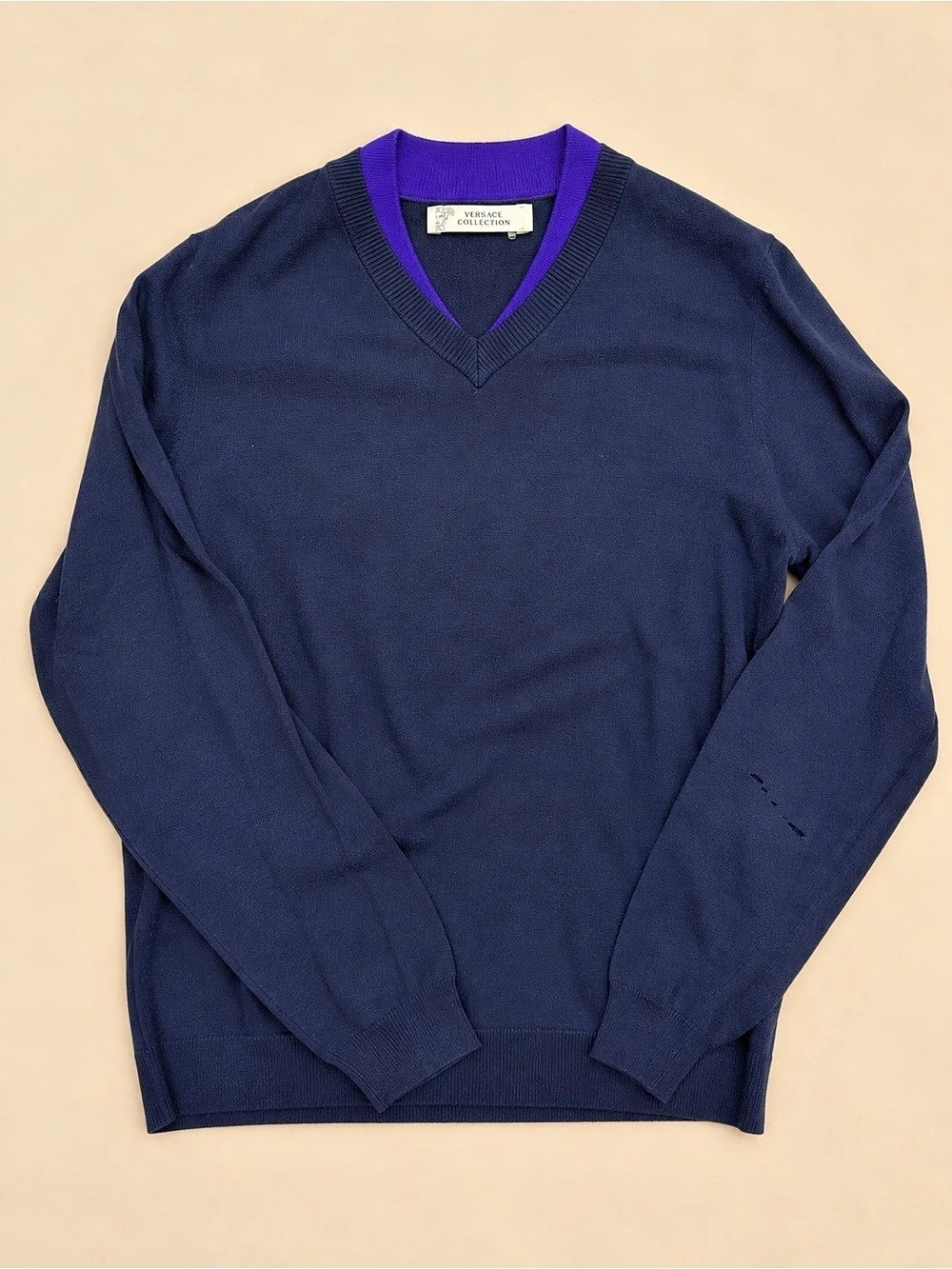 Versace Collection Men’s Navy V-Neck Sweater Purple Trim Size XL